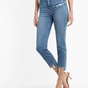 Express Super High Waisted Ripped Raw Step Hem Supersoft Mom Jeans